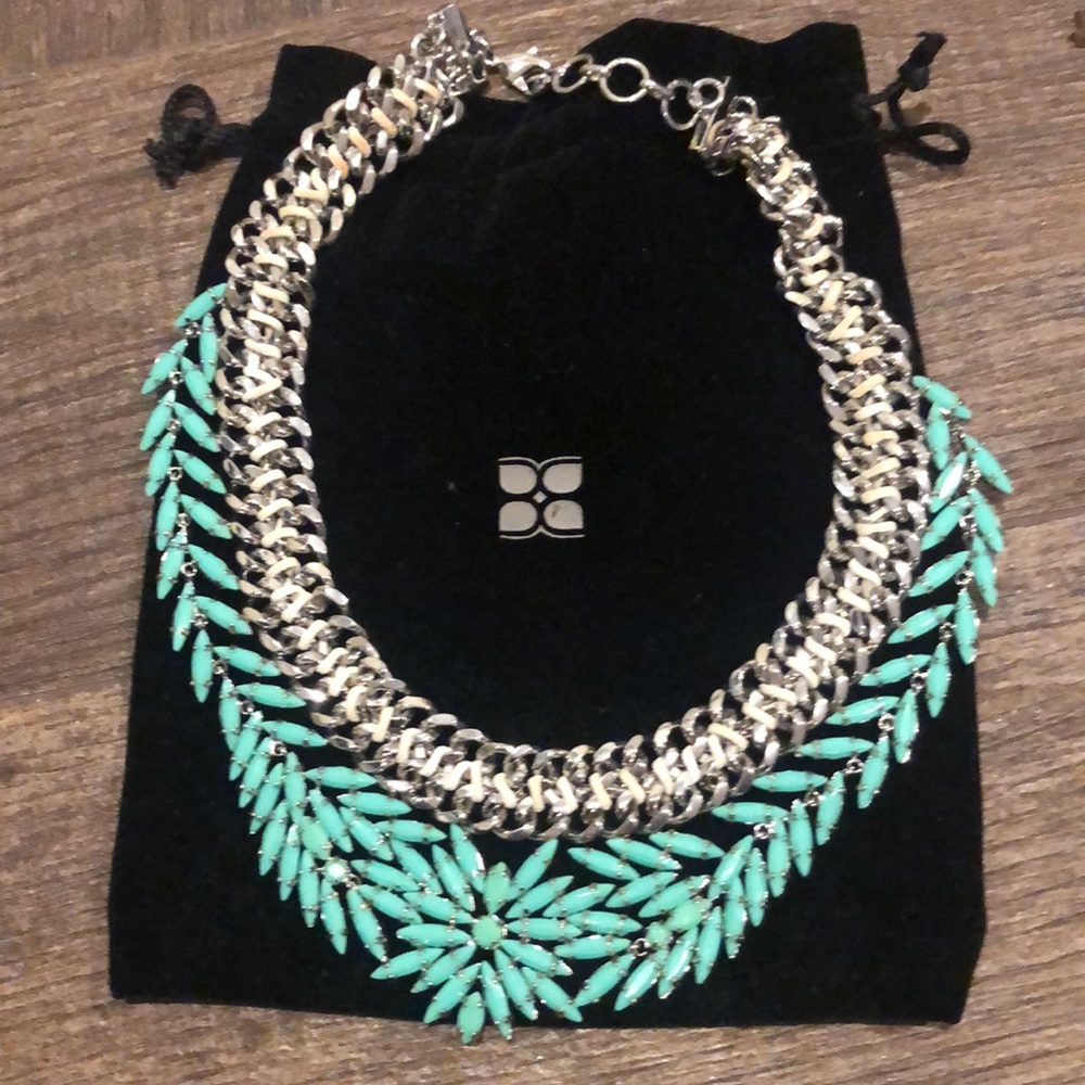 BCBG silver, white, teal collar necklace